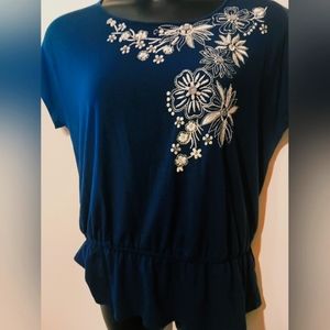 Alfredo Dunner Navy Blue Beaded embroidered floral Peplum Top M